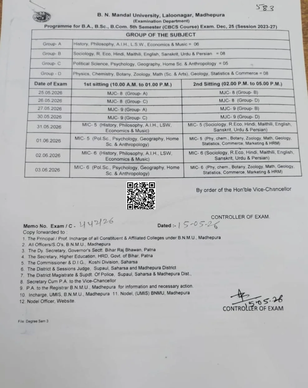 bnmu ug 5th semester exam time table 2026
